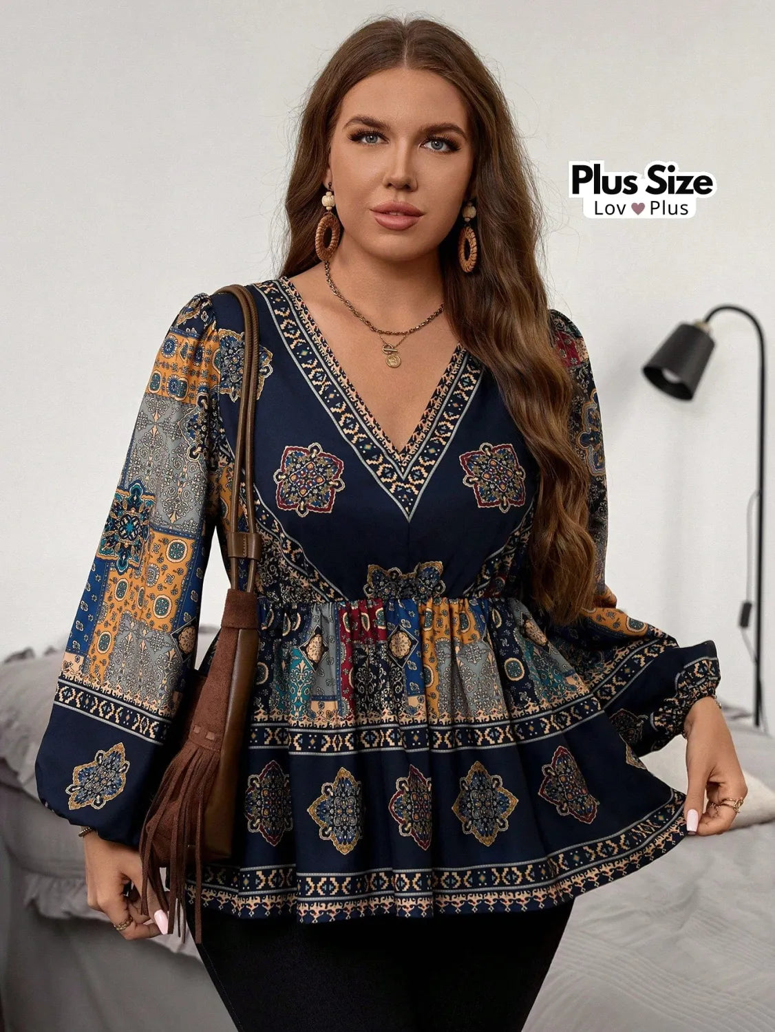 Bata Boho de Manga Longa Plus Size G / Azul Blusas Plus Size