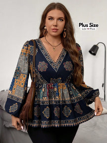 Bata Boho de Manga Longa Plus Size G / Azul Blusas Plus Size