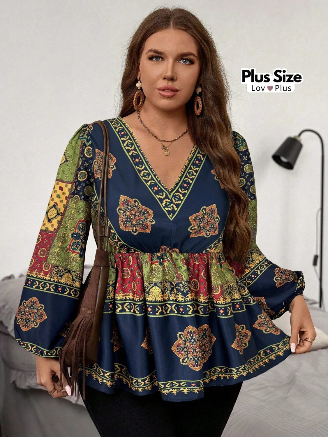 Bata Boho de Manga Longa Plus Size G / Verde Blusas Plus Size