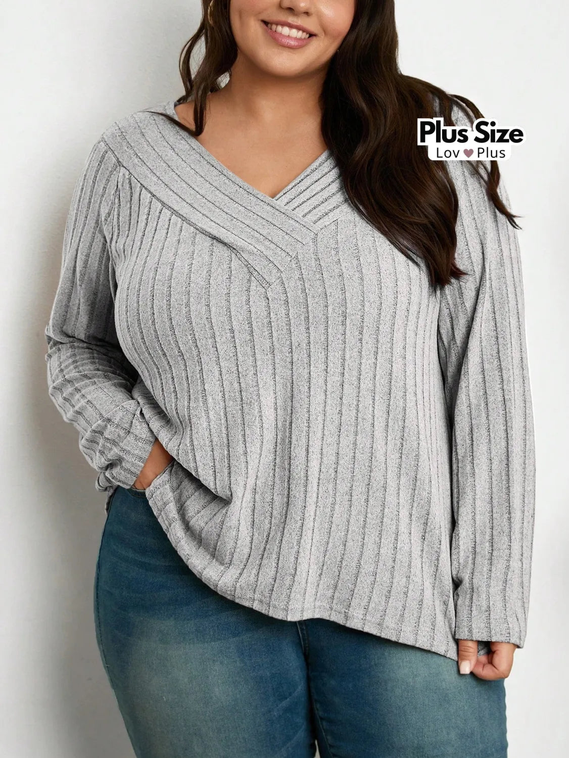 Blusa Canelada de Manga Longa Plus Size G / Cinza Blusas Plus Size