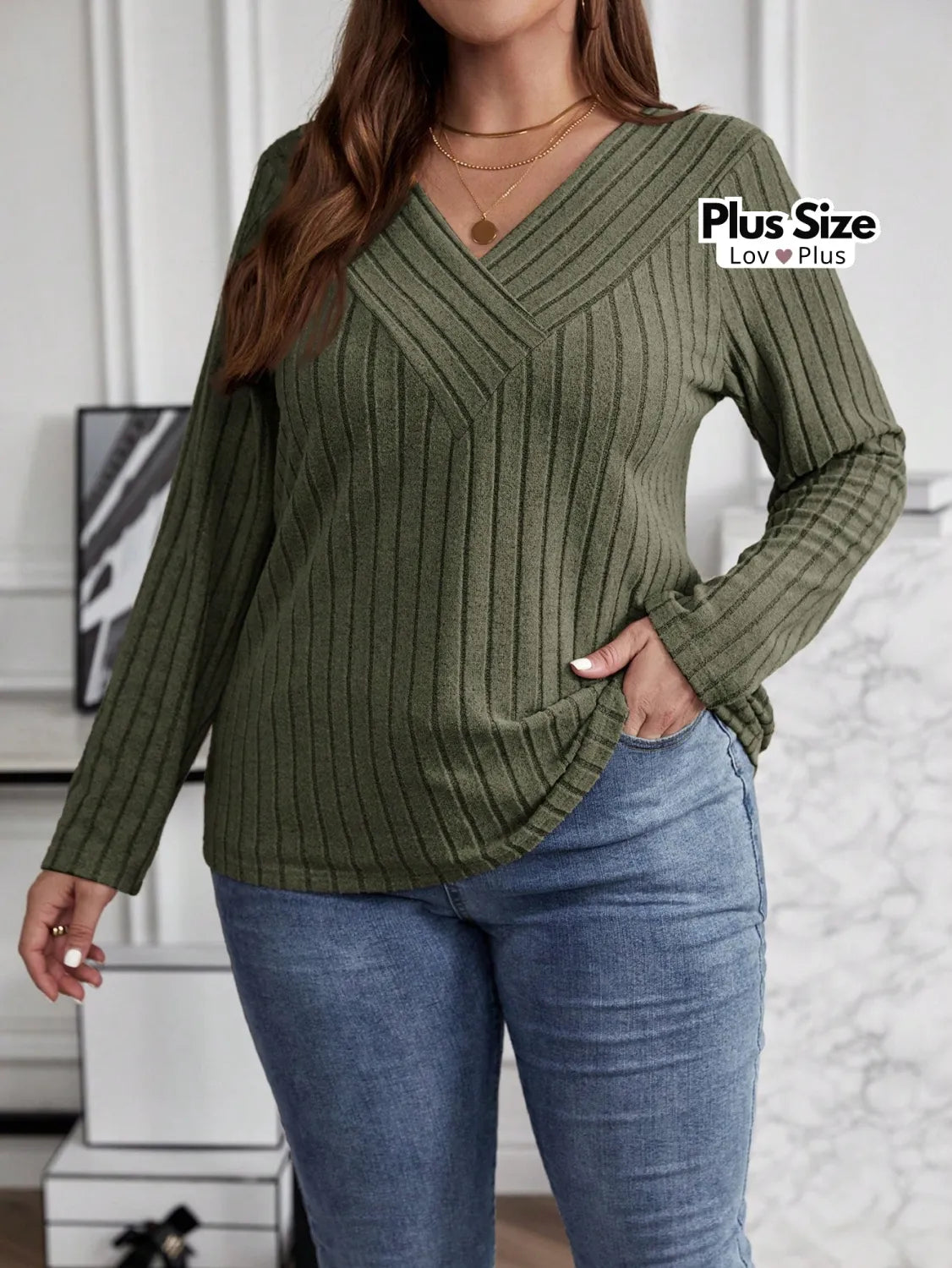 Blusa Canelada de Manga Longa Plus Size G / Verde Milk Blusas Plus Size