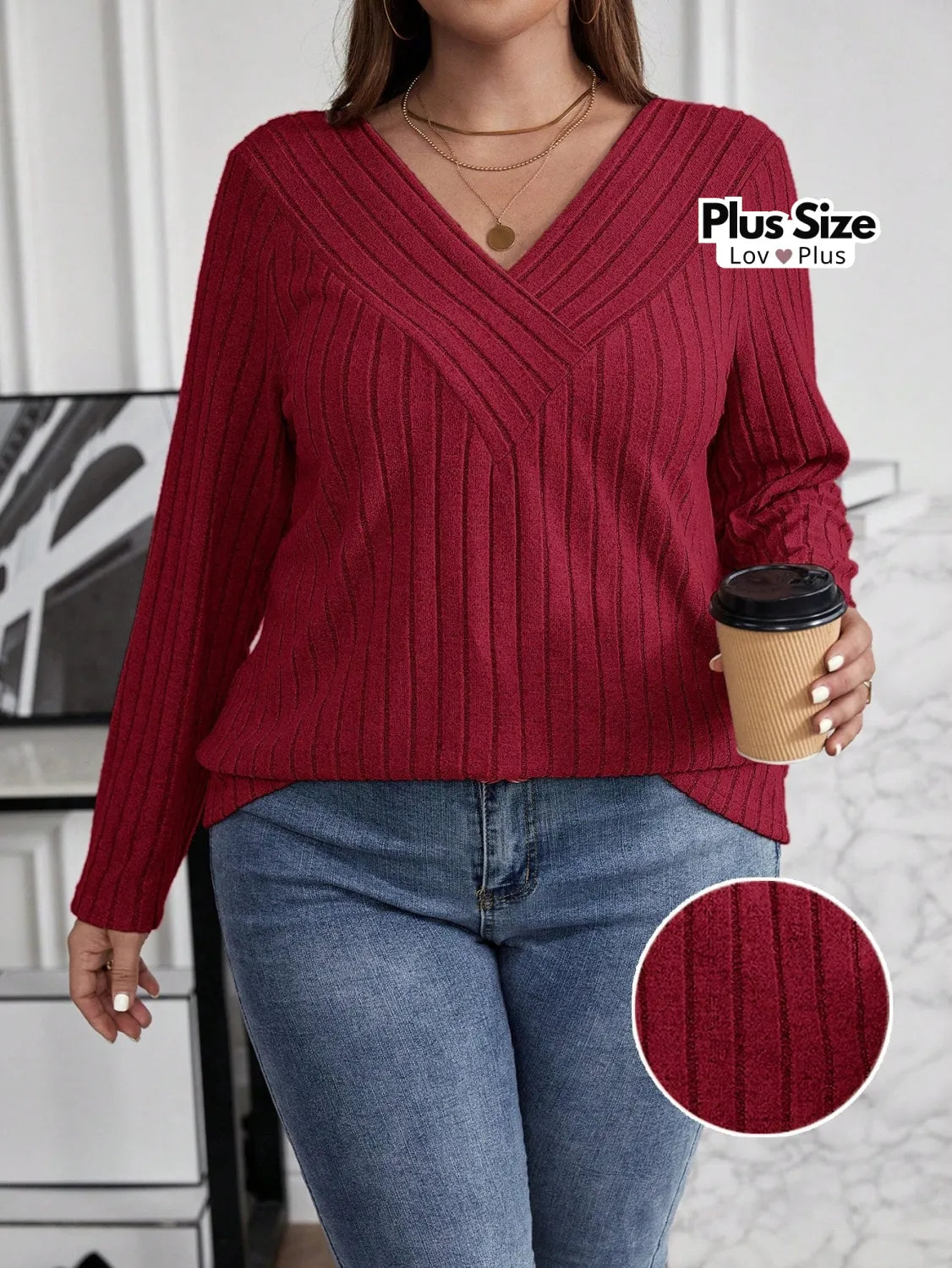 Blusa Canelada de Manga Longa Plus Size G / Vermelho Blusas Plus Size