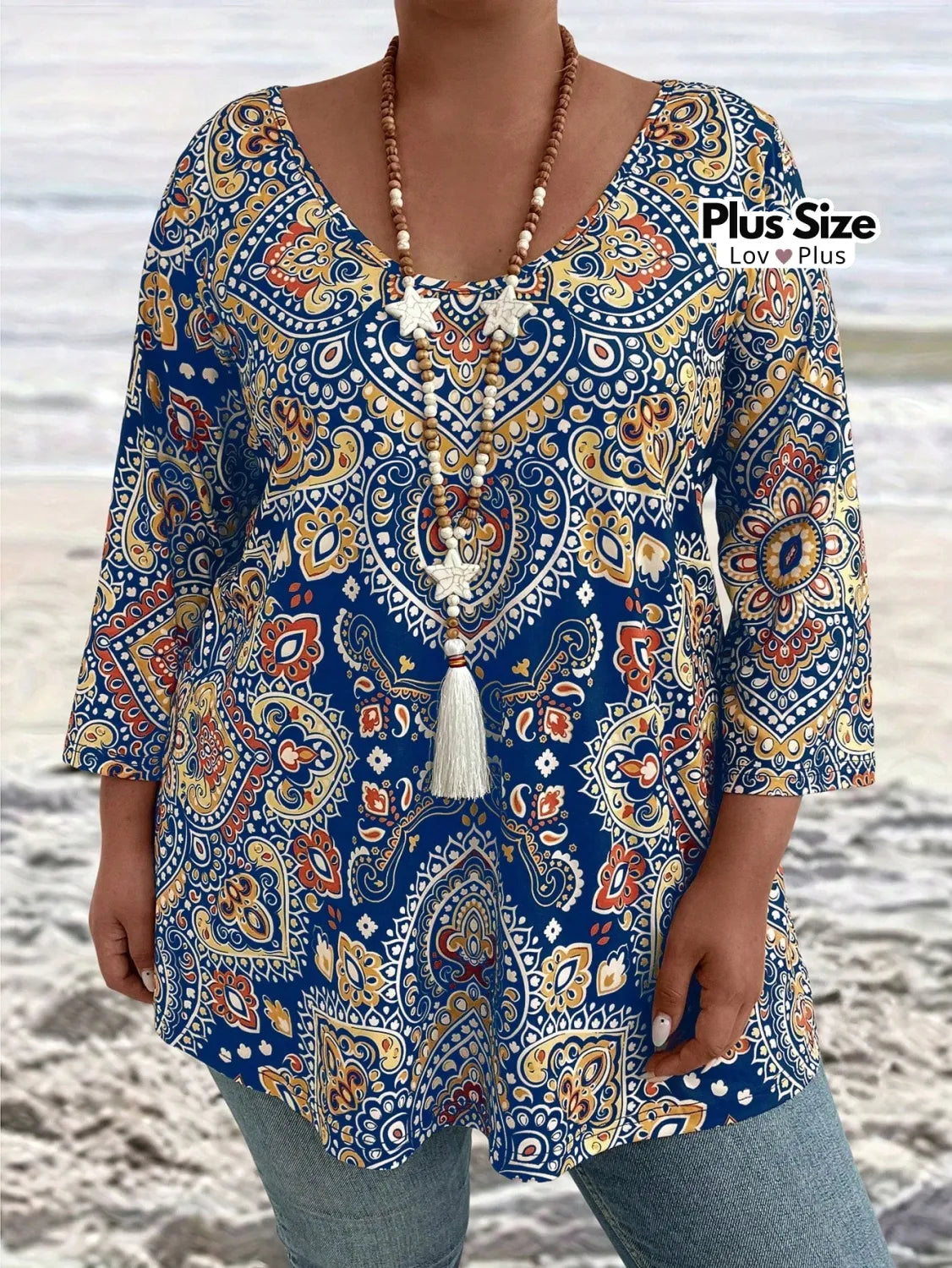 Blusa Comprida de Manga Longa Boho Plus Size Azul / G Blusas Plus Size
