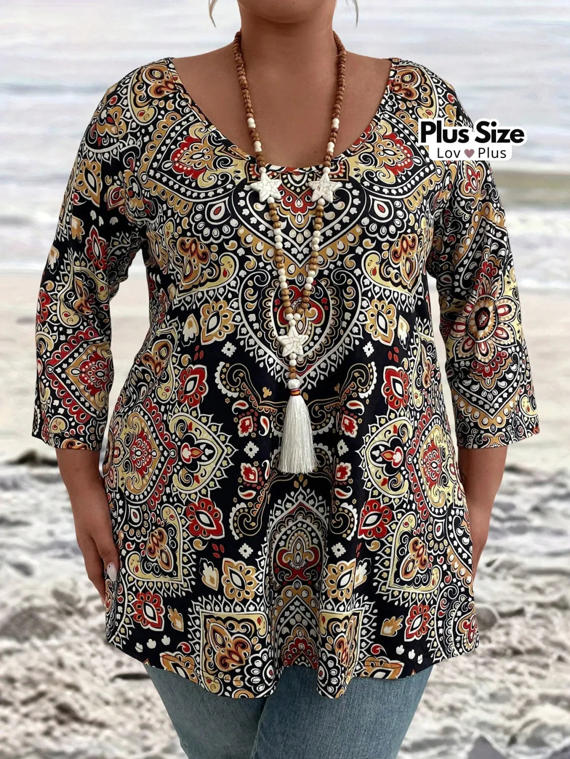 Blusa Comprida de Manga Longa Boho Plus Size Preta / G Blusas Plus Size