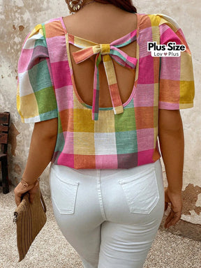 Blusa de Algodão Plus Size Xadrez Blusas Plus Size