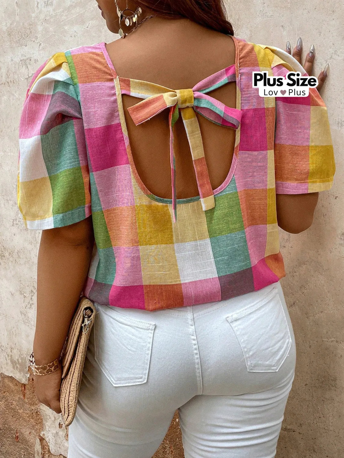 Blusa de Algodão Plus Size Xadrez Blusas Plus Size