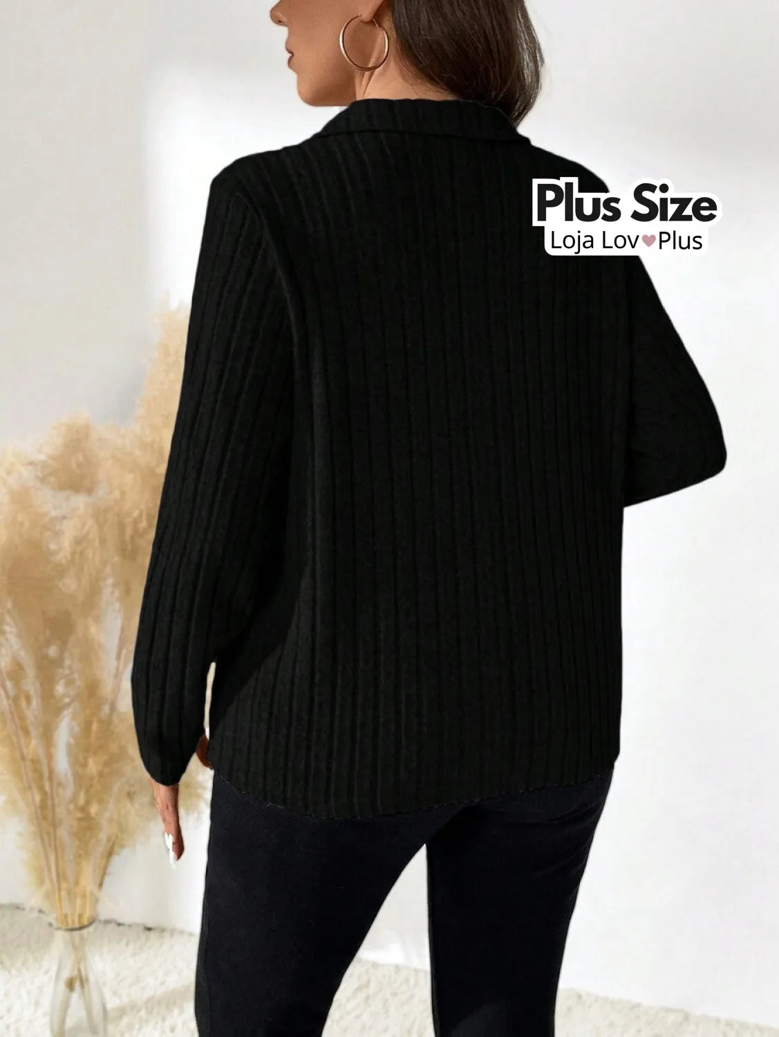 Blusa de Manga Comprida Canelada Blusas Plus Size