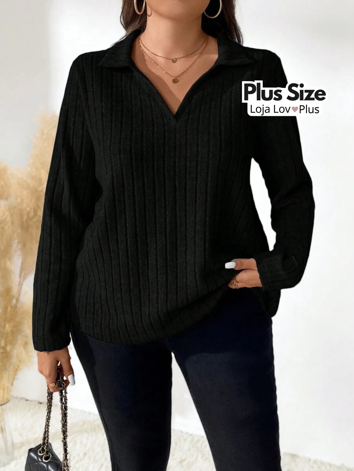 Blusa de Manga Comprida Canelada G / Preto Blusas Plus Size