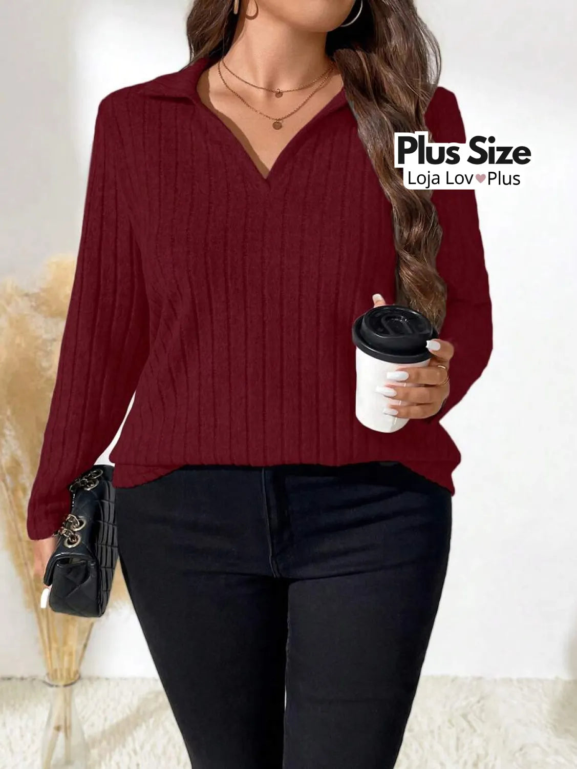 Blusa de Manga Comprida Canelada G / Vinho Blusas Plus Size