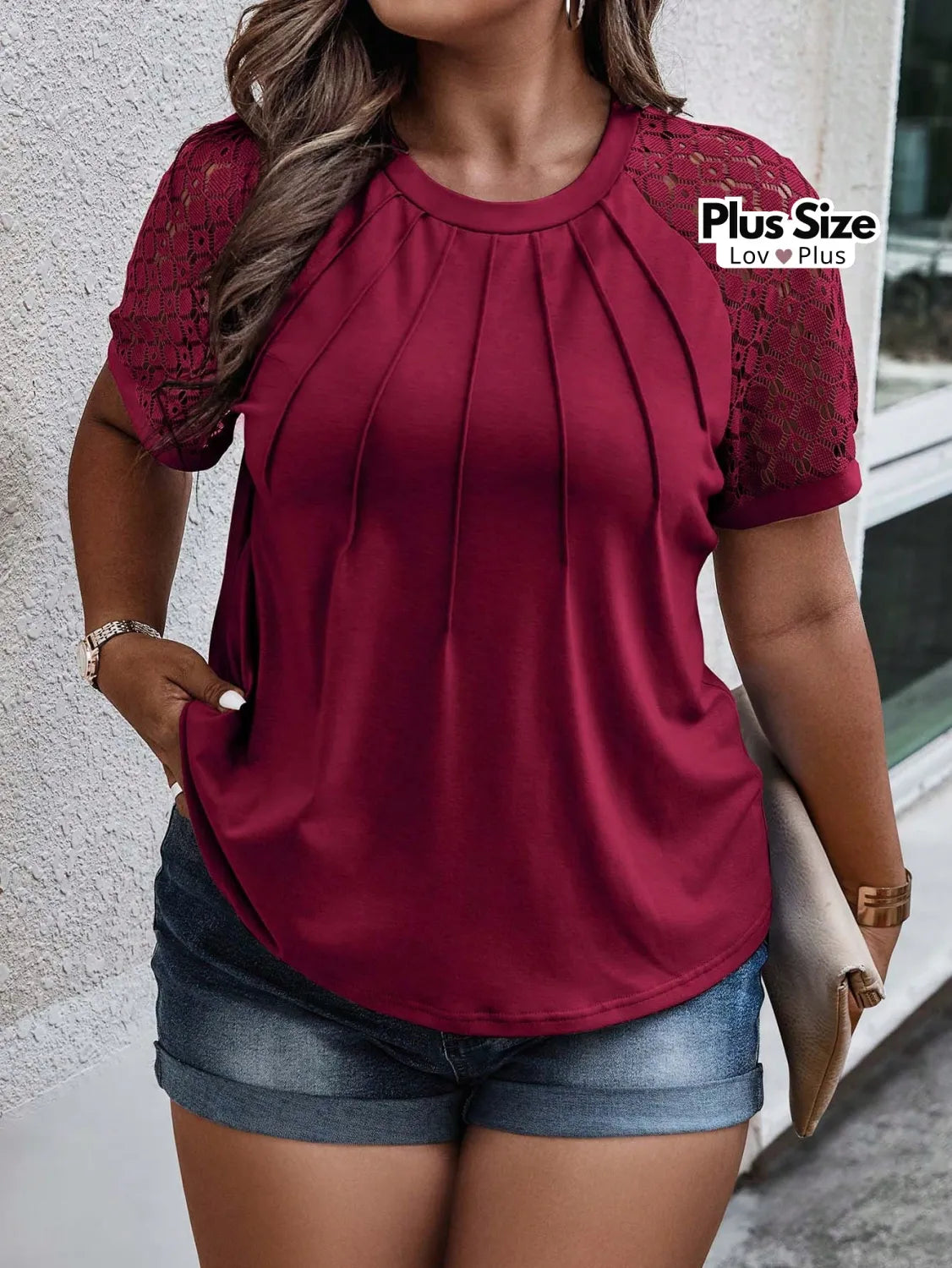 Blusa de Manga Curta Rendada Plus Size G / Vinho Blusas Plus Size