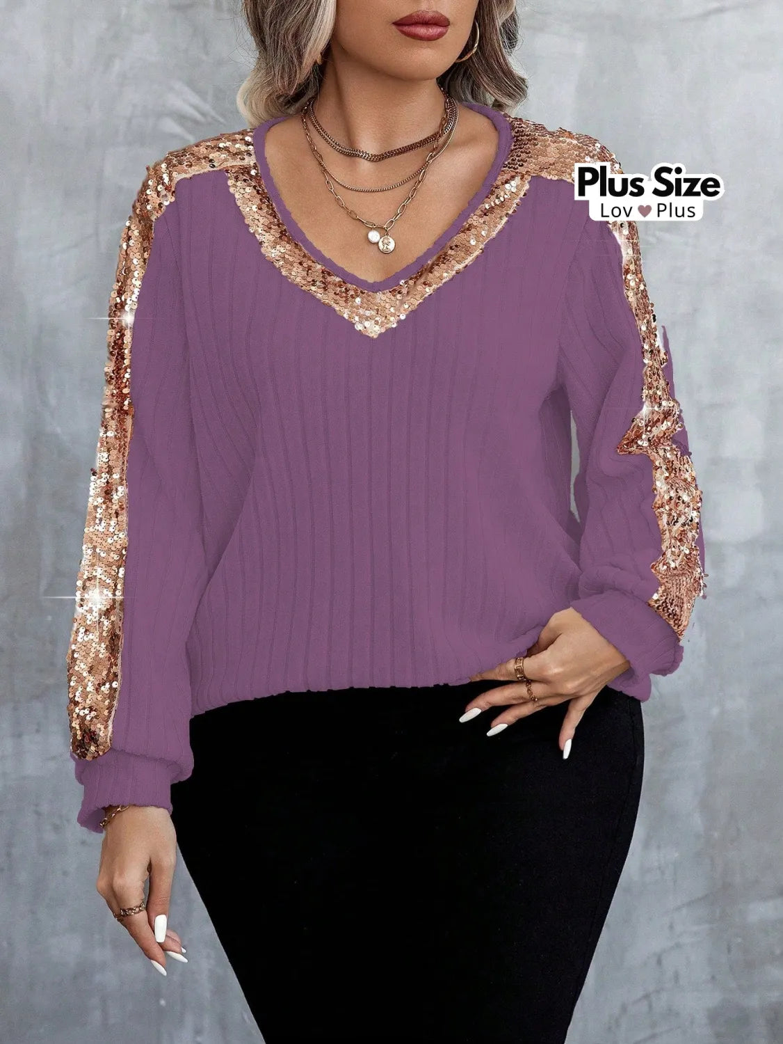 Blusa de Manga Longa Plus Size com Paetê G / Malva Blusas Plus Size
