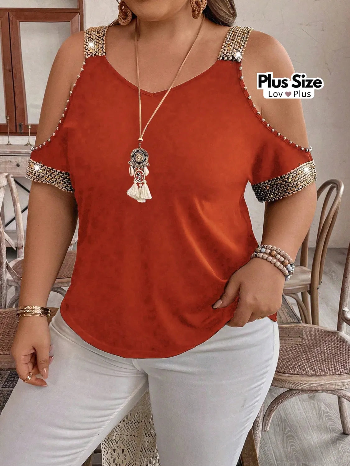 Blusa Estilosa Plus Size com Ombros à Mostra G / Laranja Blusas Plus Size