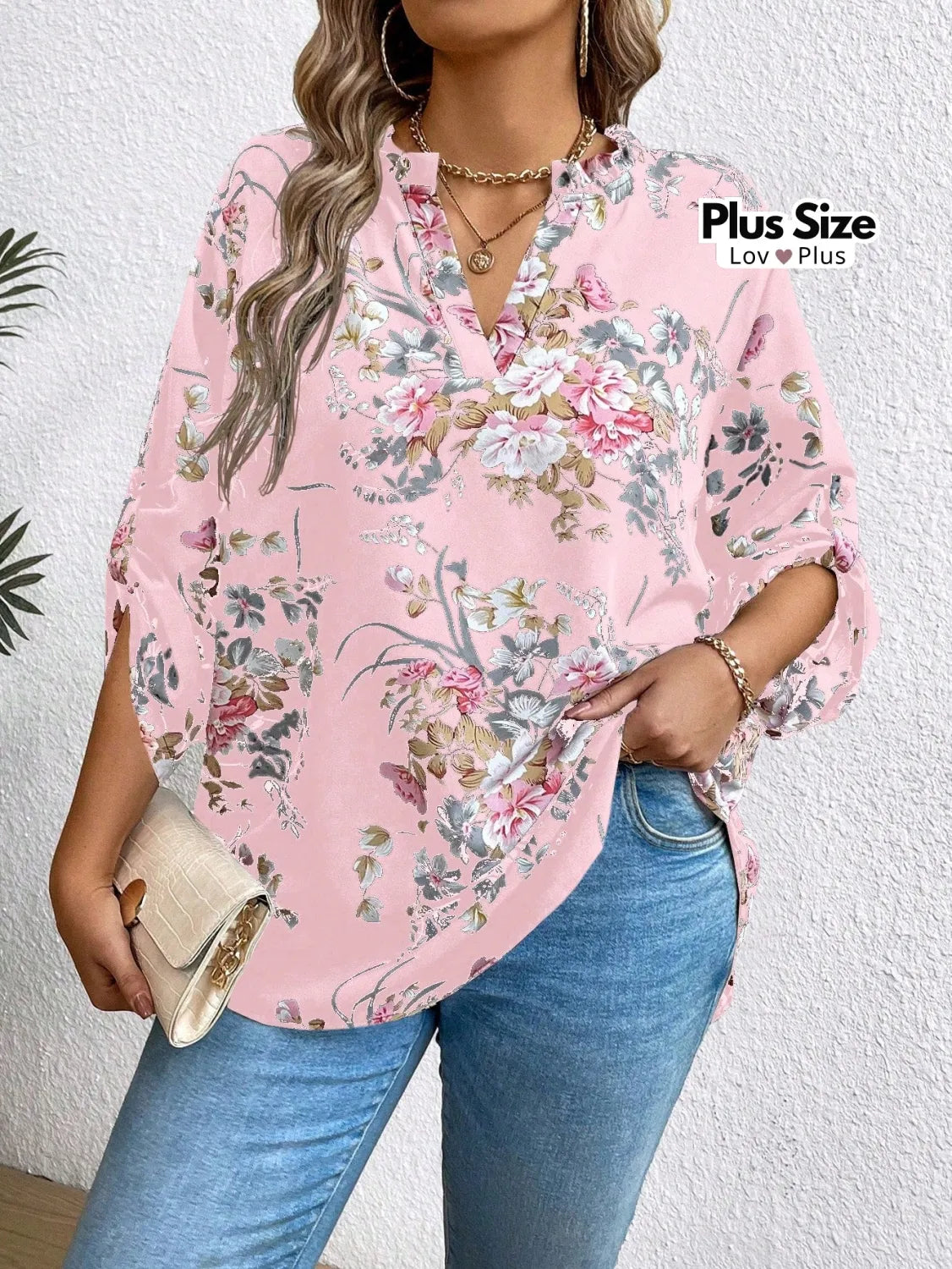 Blusa Floral Soltinha Plus Size Puro Charme e Delicadeza G / Rosa Chiclete Blusas Plus Size