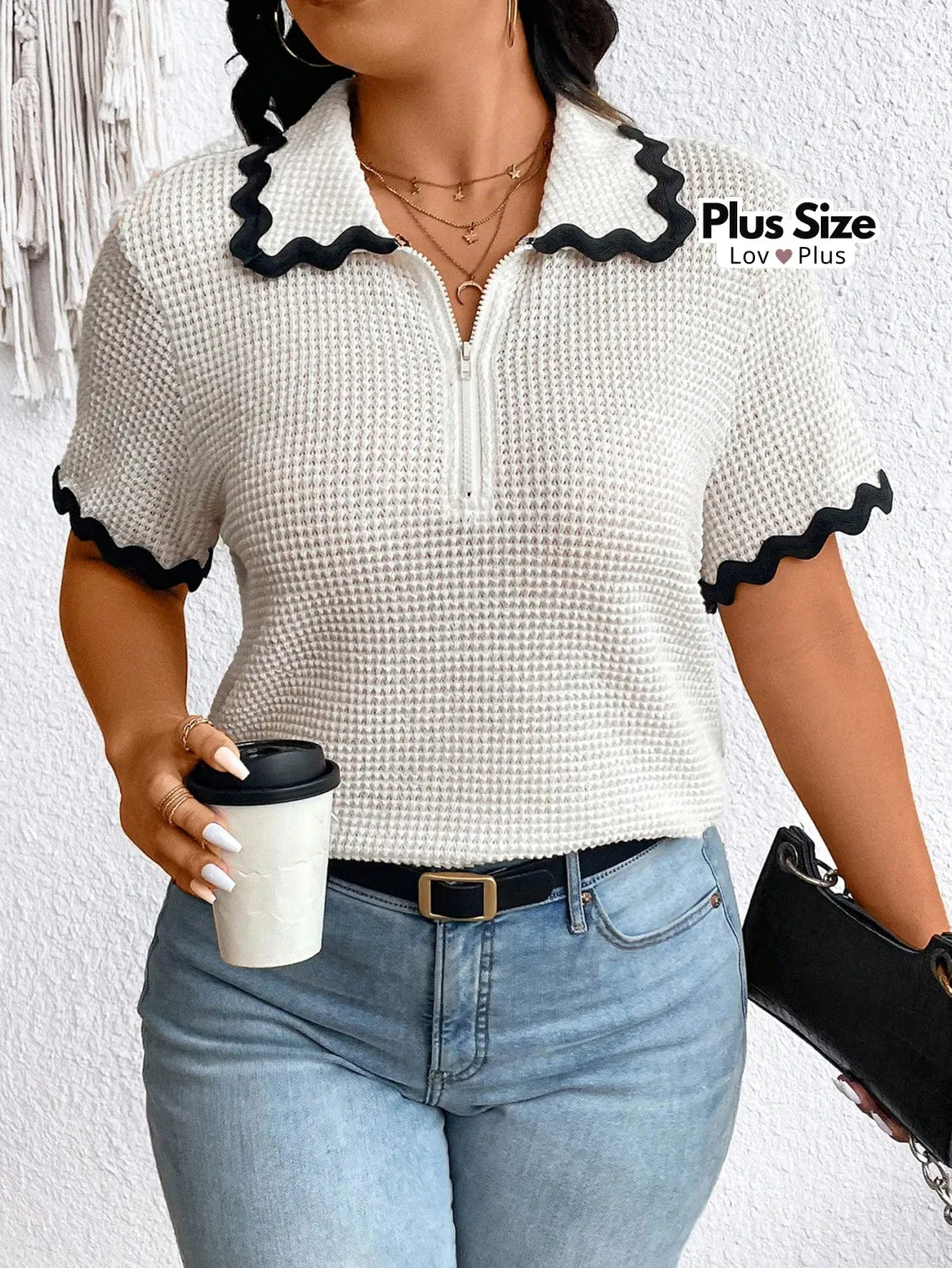 Blusa Plus Size com Zíper e Gola Bordada G / Cinza Blusas Plus Size