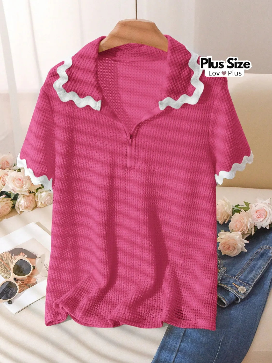 Blusa Plus Size com Zíper e Gola Bordada G / Pink Blusas Plus Size