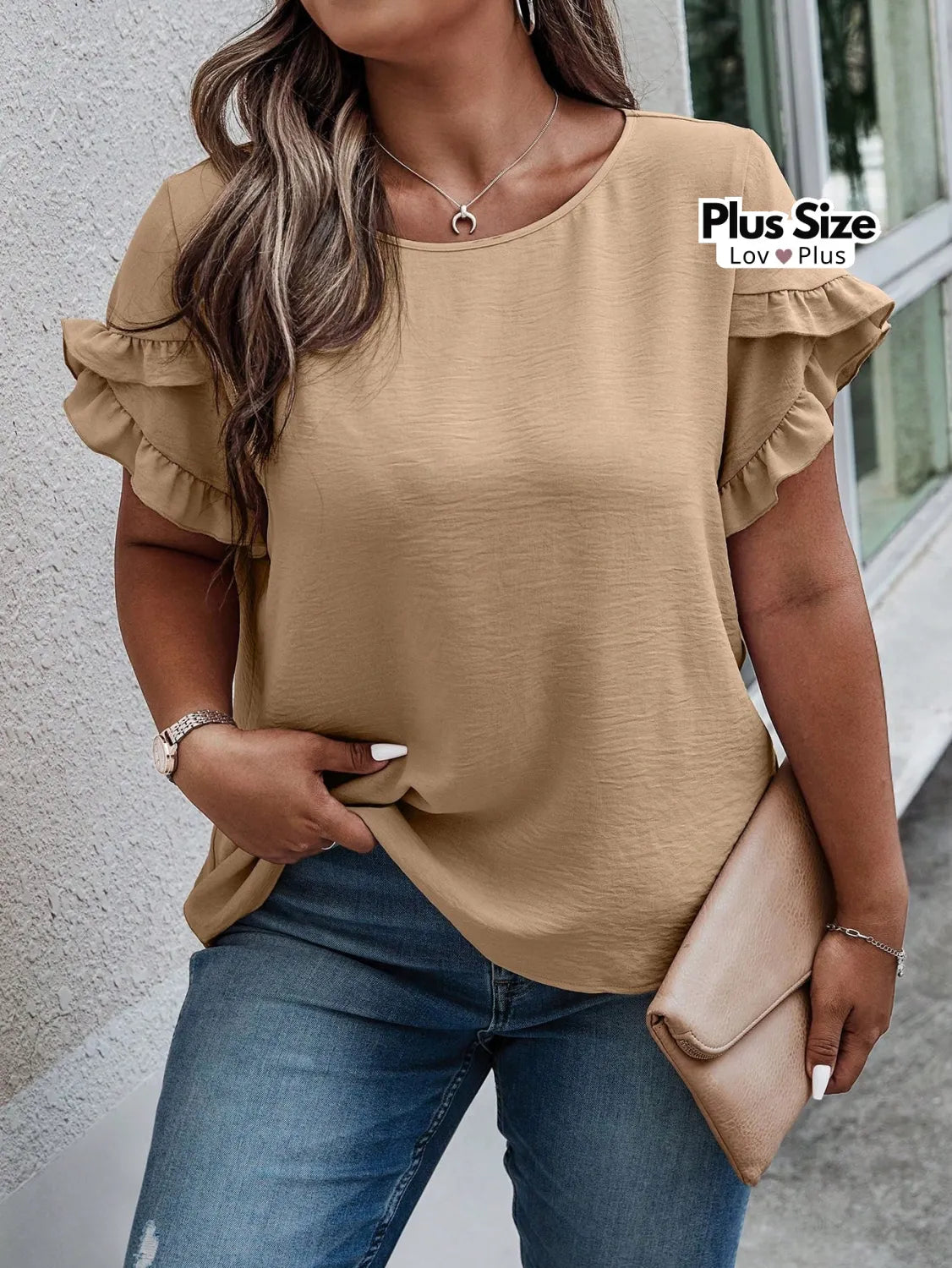 Blusa Plus Size de Manga Pétala Diversas Cores G / Caqui Blusas Plus Size
