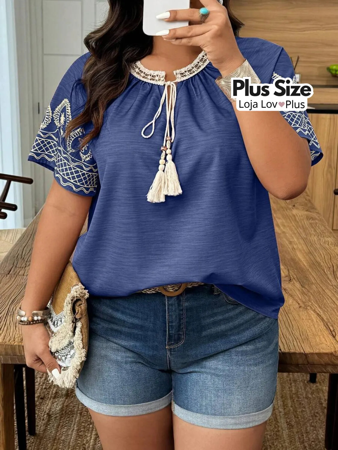 Blusa Plus Size Estilo Boho Chic G / Azul Blusas Plus Size