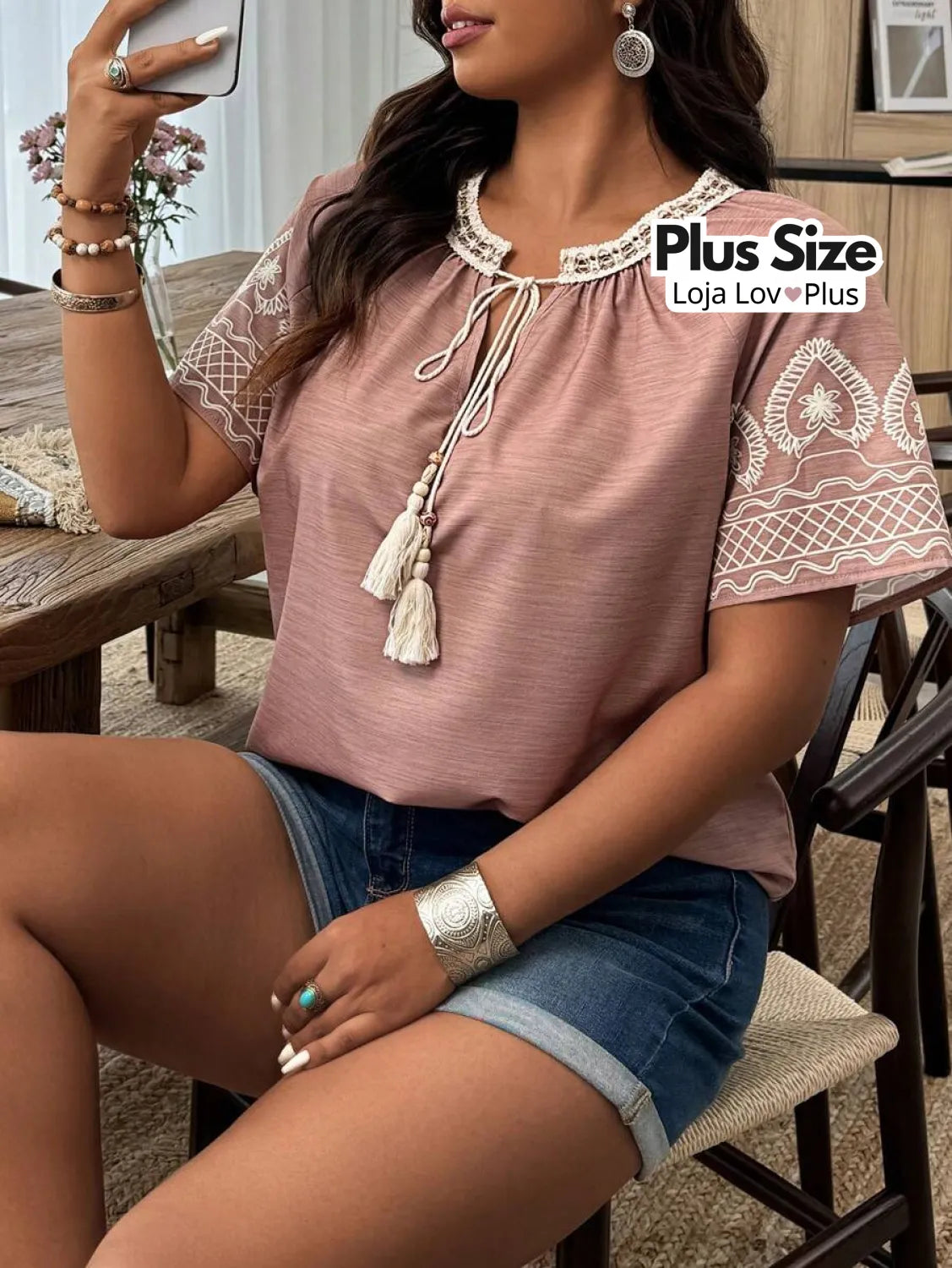 Blusa Plus Size Estilo Boho Chic G / Nude Escuro Blusas Plus Size