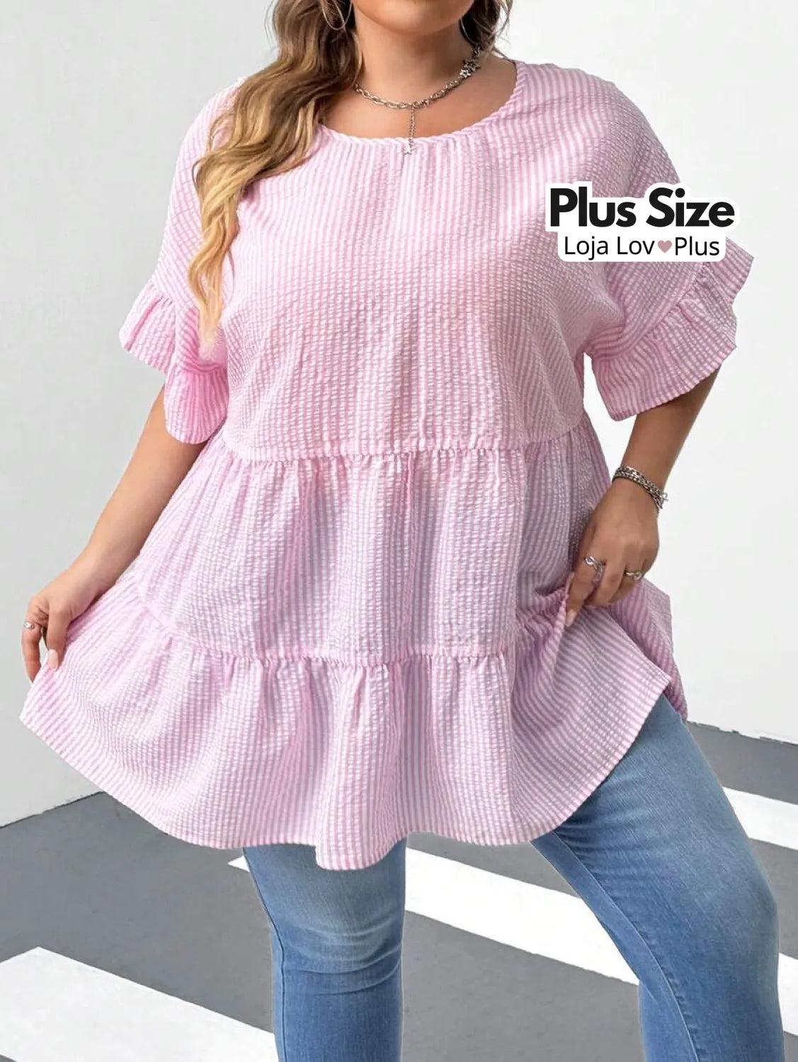 Blusa Plus Size Estilo Boneca Retrô G / Rosa Blusas Plus Size