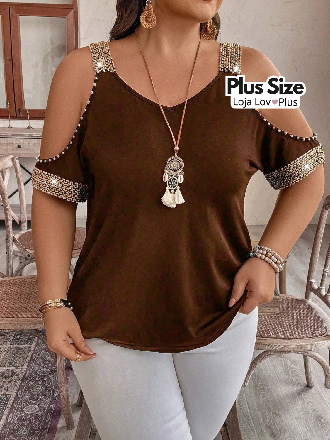 Blusa Plus Size Estilosa Ciganinha G / Marrom Blusas Plus Size