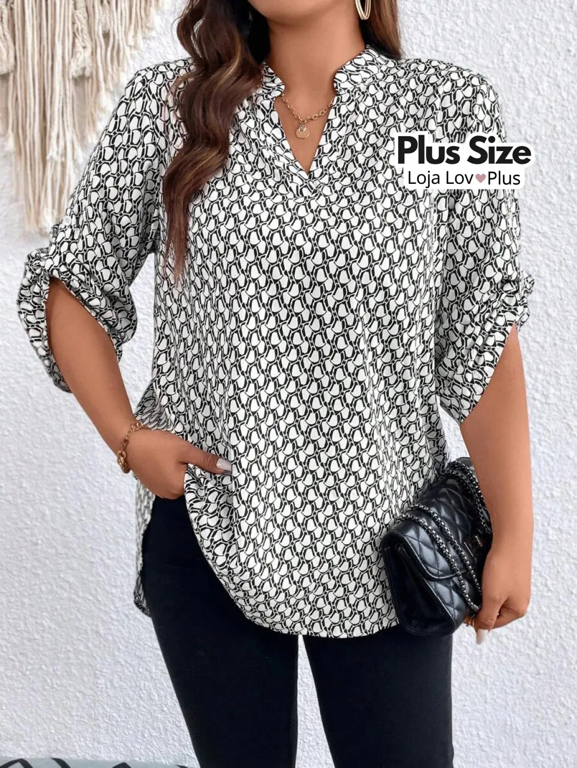 Blusa Plus Size Longa com Manga Dobrável Blusas Plus Size