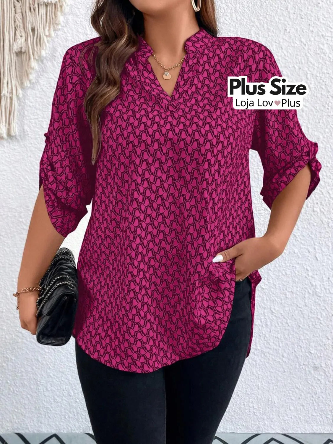 Blusa Plus Size Longa com Manga Dobrável Blusas Plus Size