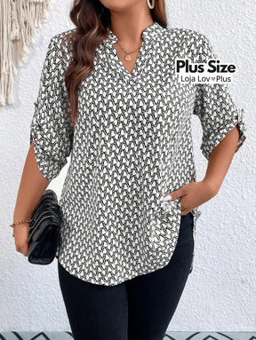 Blusa Plus Size Longa com Manga Dobrável G / Branco Blusas Plus Size