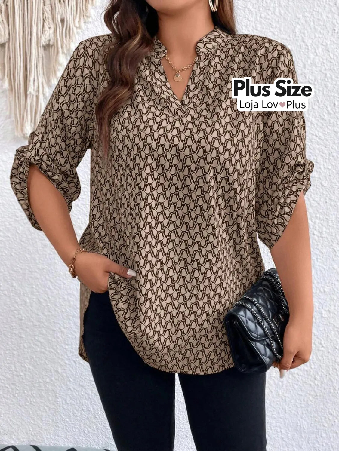 Blusa Plus Size Longa com Manga Dobrável G / Caqui Blusas Plus Size