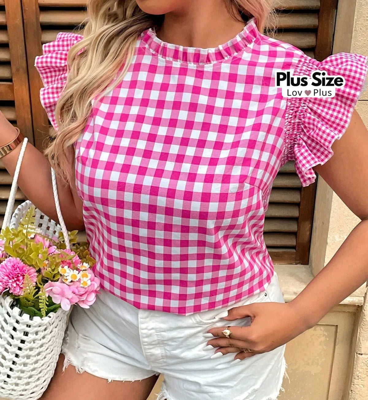 Blusa Plus Size Xadrez de Manga Franzida Blusas Plus Size