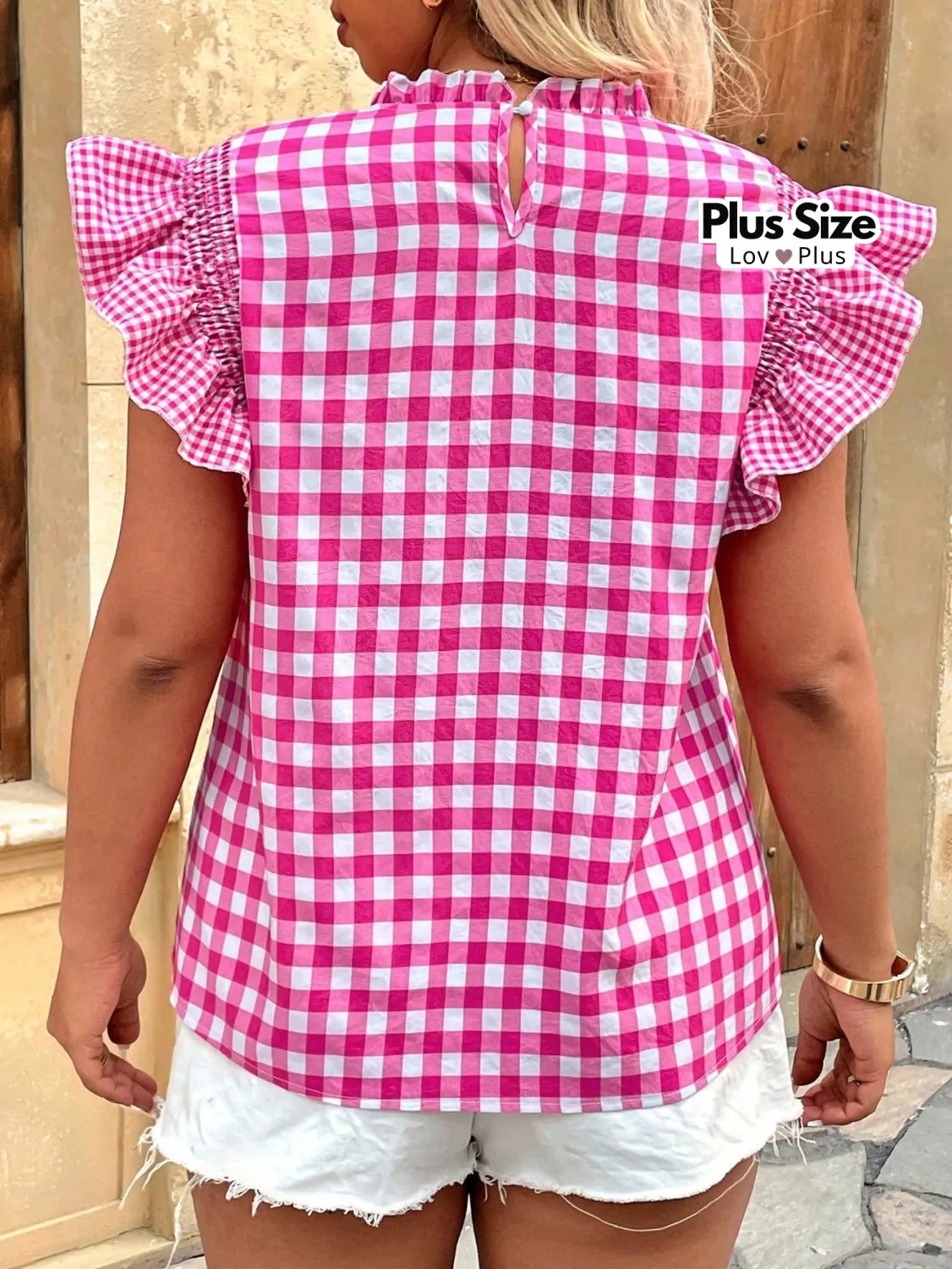 Blusa Plus Size Xadrez de Manga Franzida Blusas Plus Size