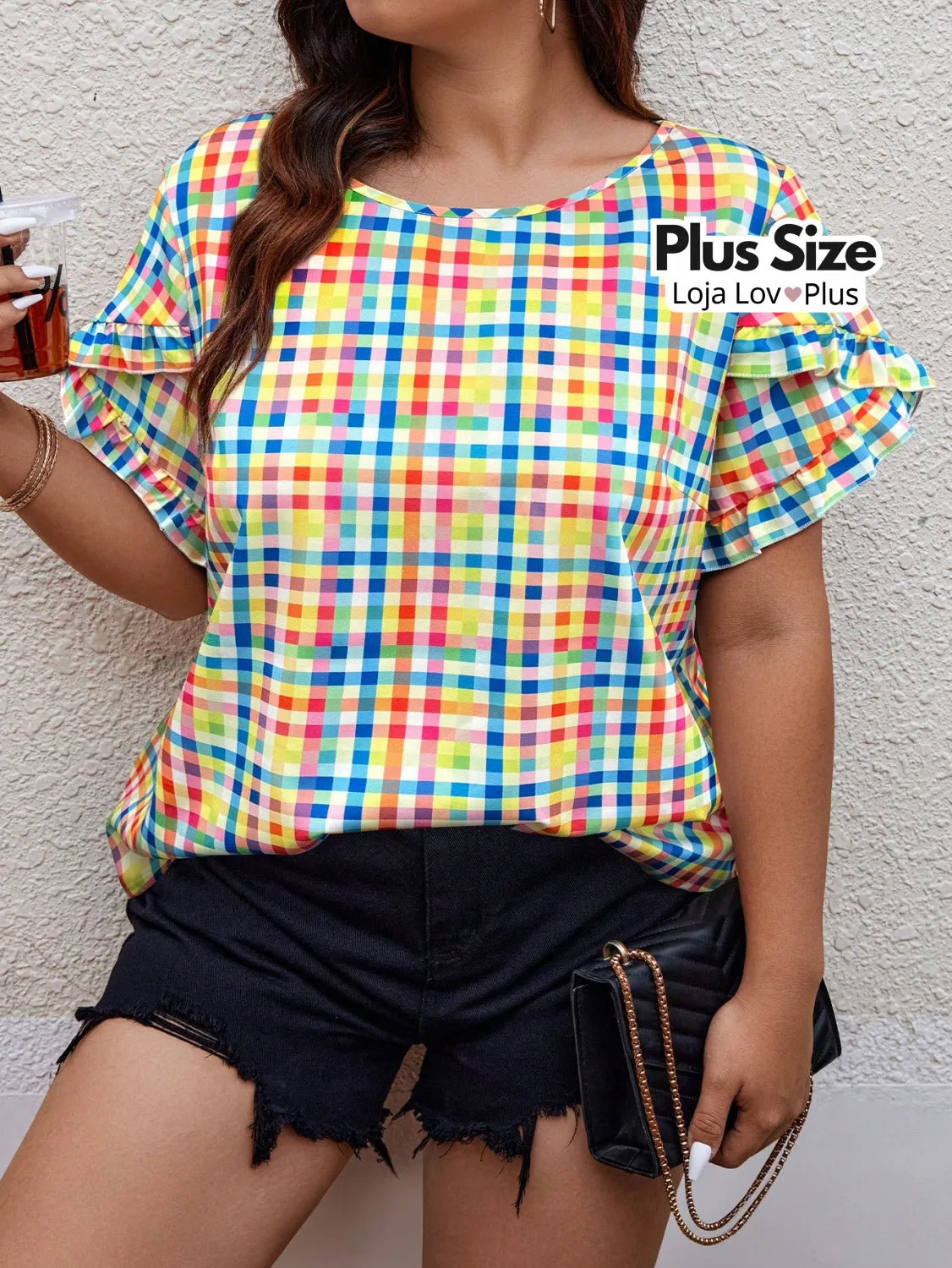 Blusa Plus Size Xadrez de Manguinha Blusas Plus Size