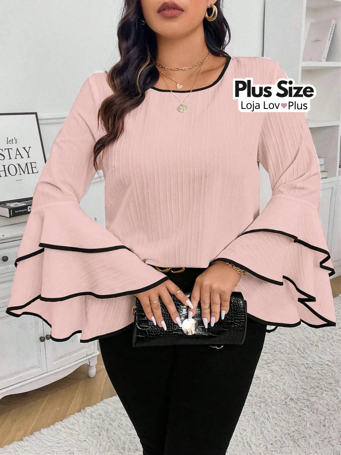 Blusa Sofisticada Plus Size com Manga Flare Dupla G / Rosé Blusas Plus Size