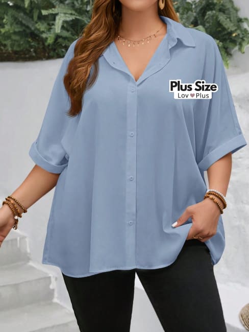Blusa Solta de Botões e Manga Plus Size - Tags: Blusas Plus Size