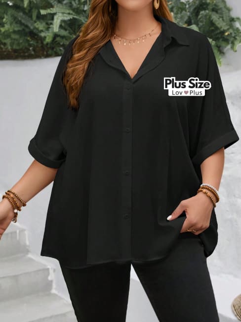 Blusa Solta de Botões e Manga Plus Size - Tags: Blusas Plus Size
