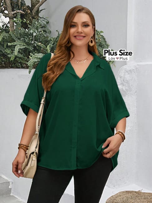 Blusa Solta de Botões e Manga Plus Size - Tags: Blusas Plus Size
