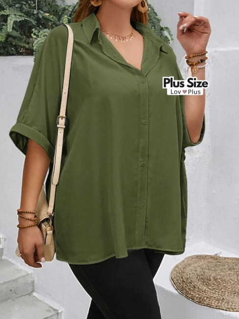 Blusa Solta de Botões e Manga Plus Size - Tags: Blusas Plus Size