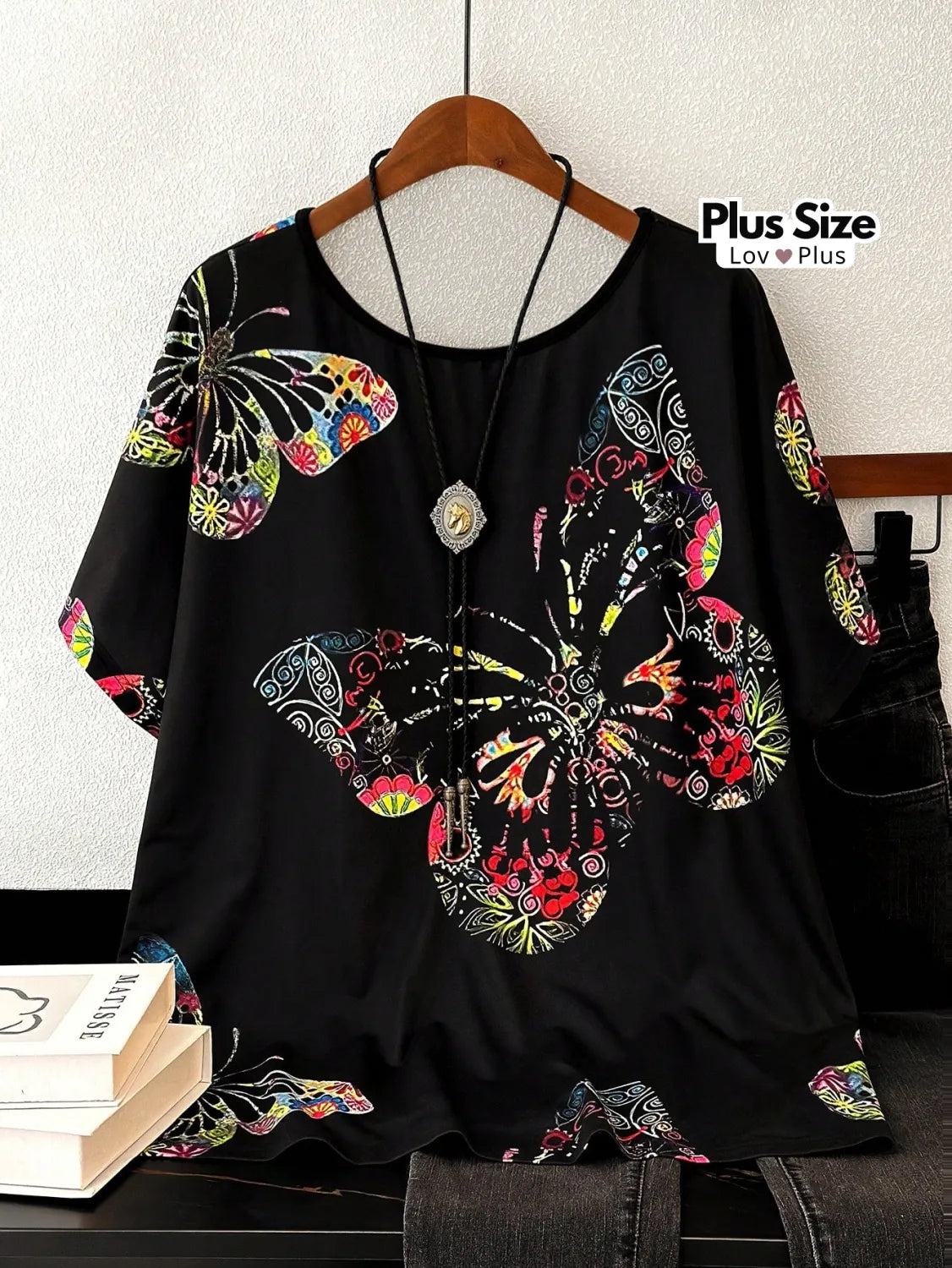 Blusa Soltinha Estampa de Borboleta Plus Size G / Preto Blusas Plus Size
