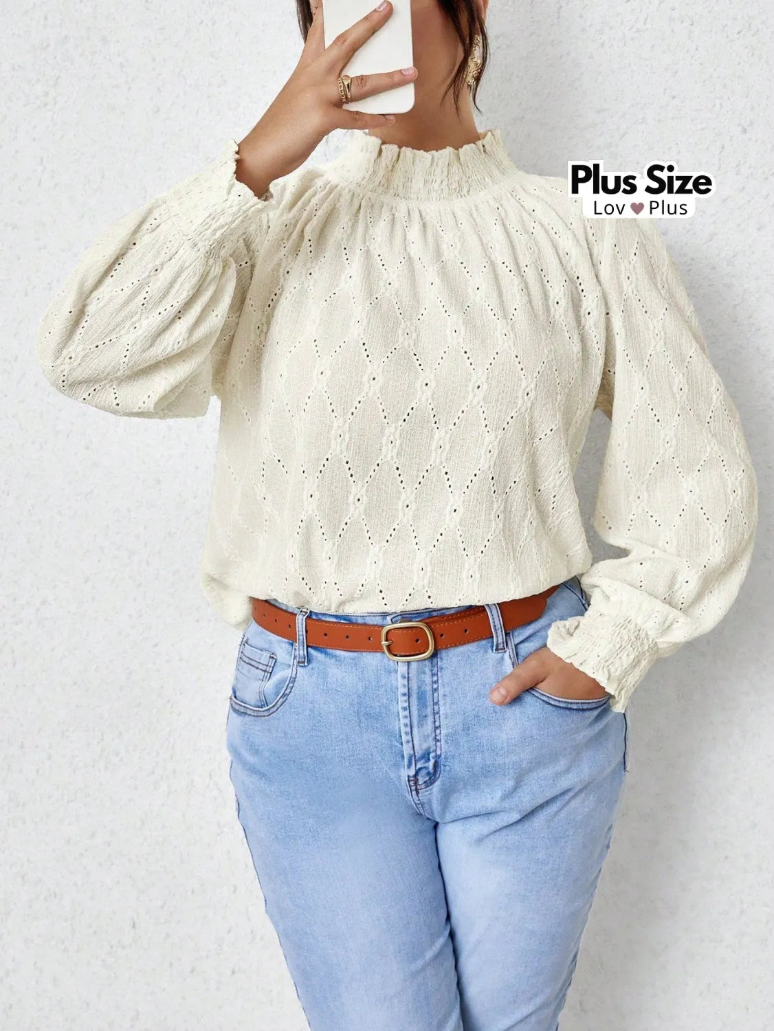 Blusa tipo Bordada Plus Size de Gola Alta G / Damasco Blusas Plus Size