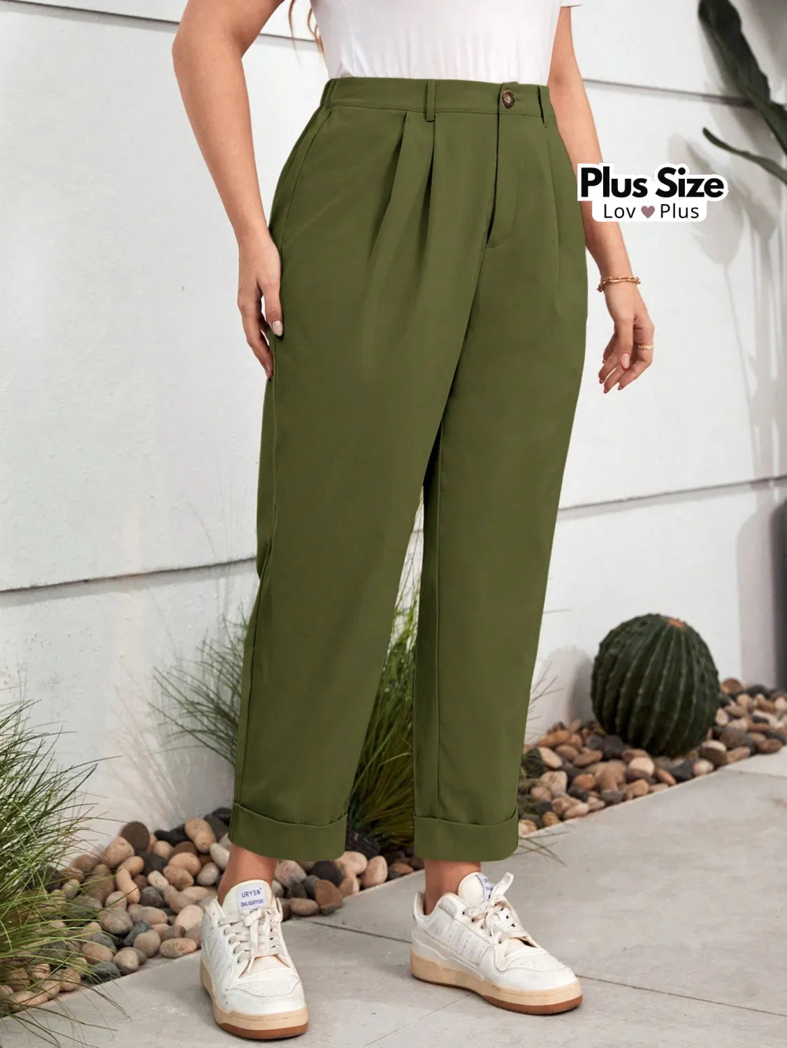 Calça Despojada com Pregas Várias Cores Plus Size G / Verde Milk Calças