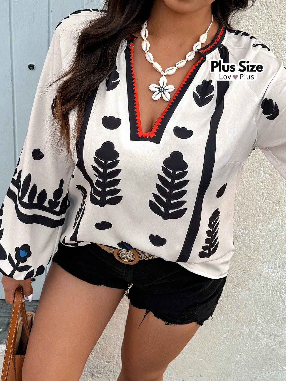 Camisa Boho Chic Plus Size de Manga Comprida Blusas Plus Size