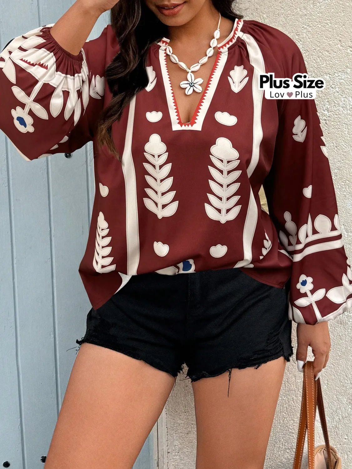 Camisa Boho Chic Plus Size de Manga Comprida Blusas Plus Size