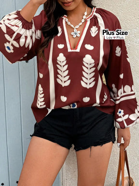 Camisa Boho Chic Plus Size de Manga Comprida Blusas Plus Size