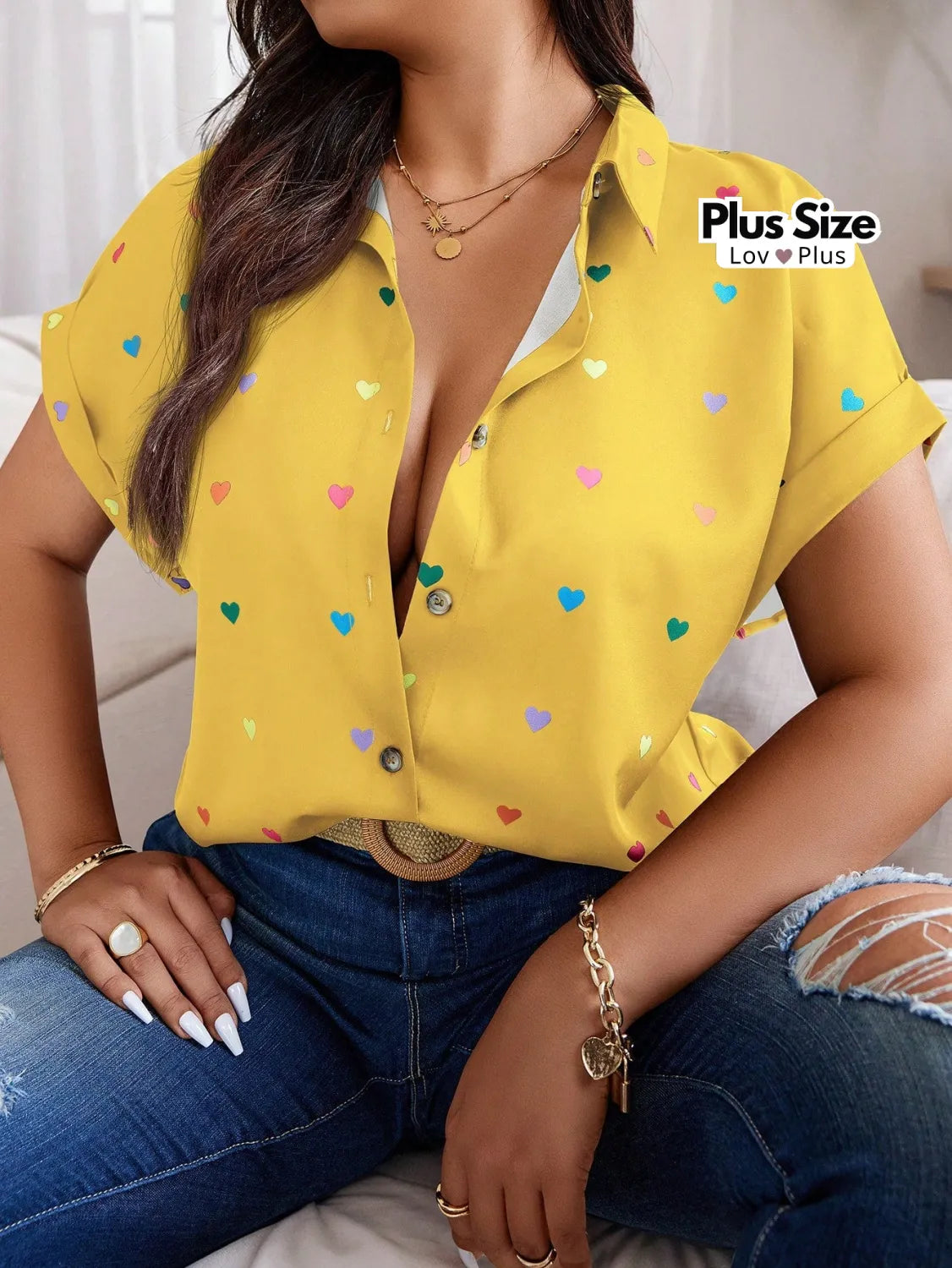 Camisa de Botão Manga Curta Plus Size G / Amarelo Blusas Plus Size