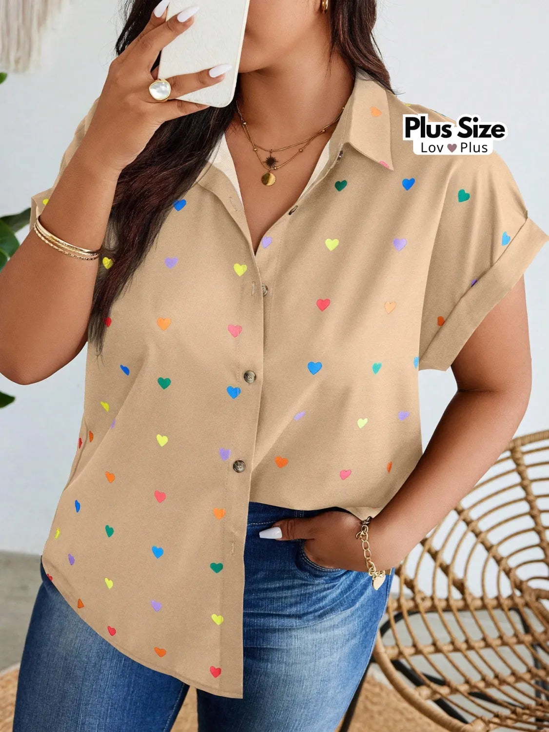 Camisa de Botão Manga Curta Plus Size G / Caqui Blusas Plus Size