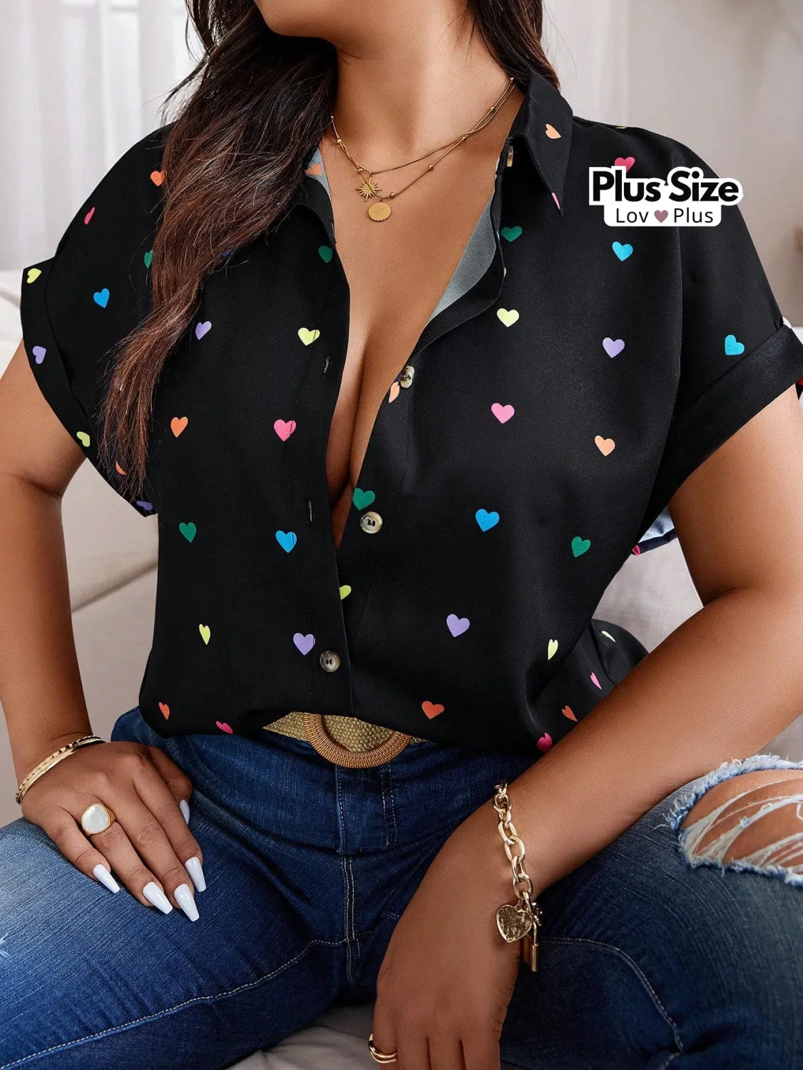 Camisa de Botão Manga Curta Plus Size G / Preto Blusas Plus Size