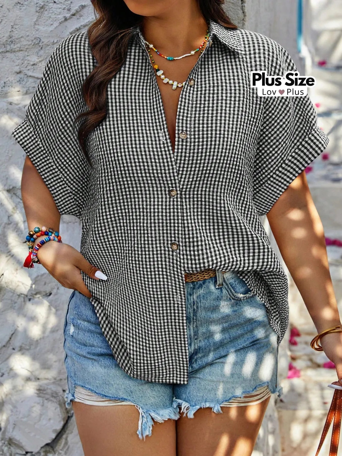 Camisa de Botão Manga Curta Plus Size G / Xadrez Blusas Plus Size
