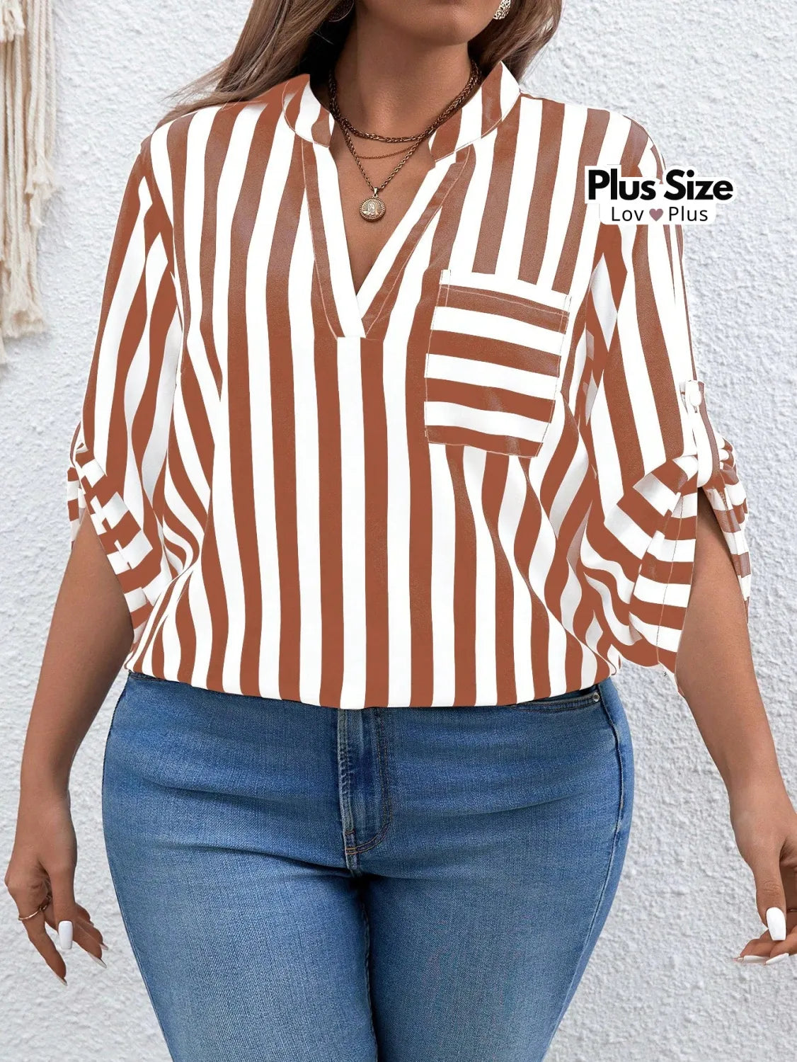 Camisa Listrada Plus Size com Bolso G / Terracota Blusas Plus Size