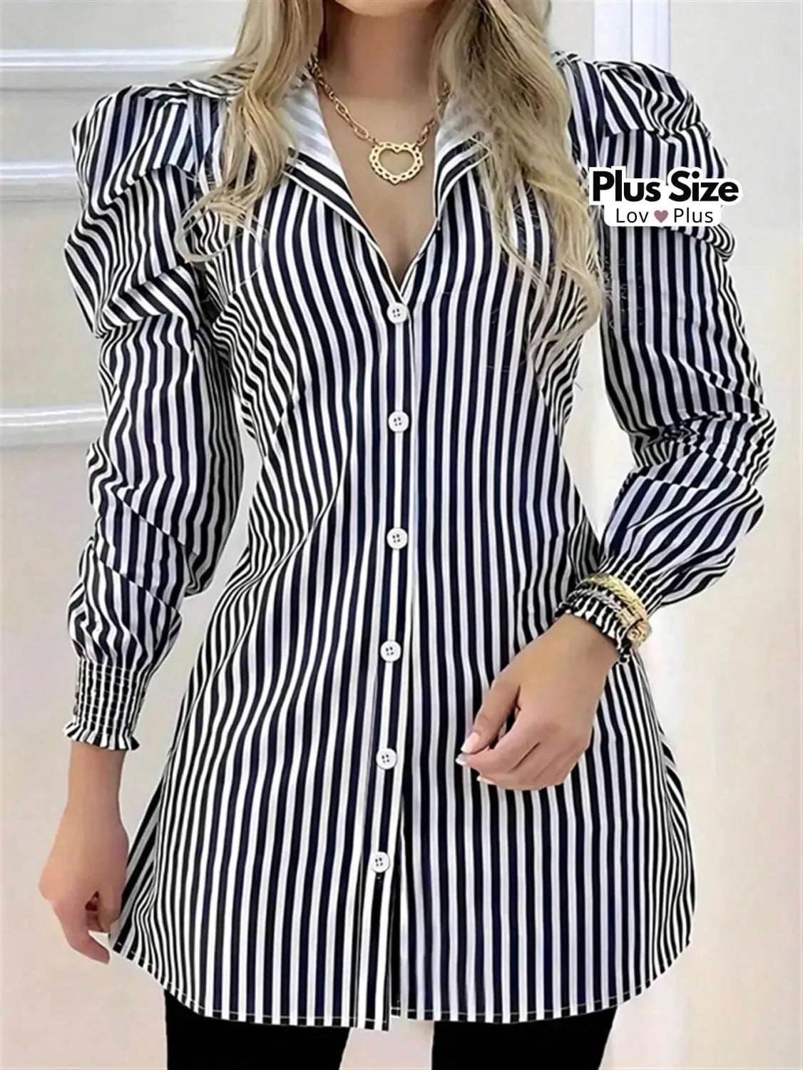 Camisa Listrada Tipo Chemise Plus Size Manga Princesa Blusas Plus Size
