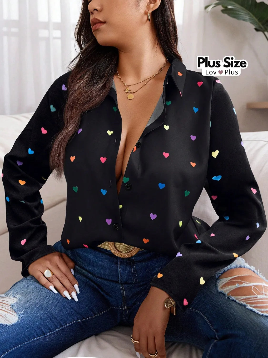 Camisa Plus Size Estilosa de Manga Longa G / Preto Blusas Plus Size