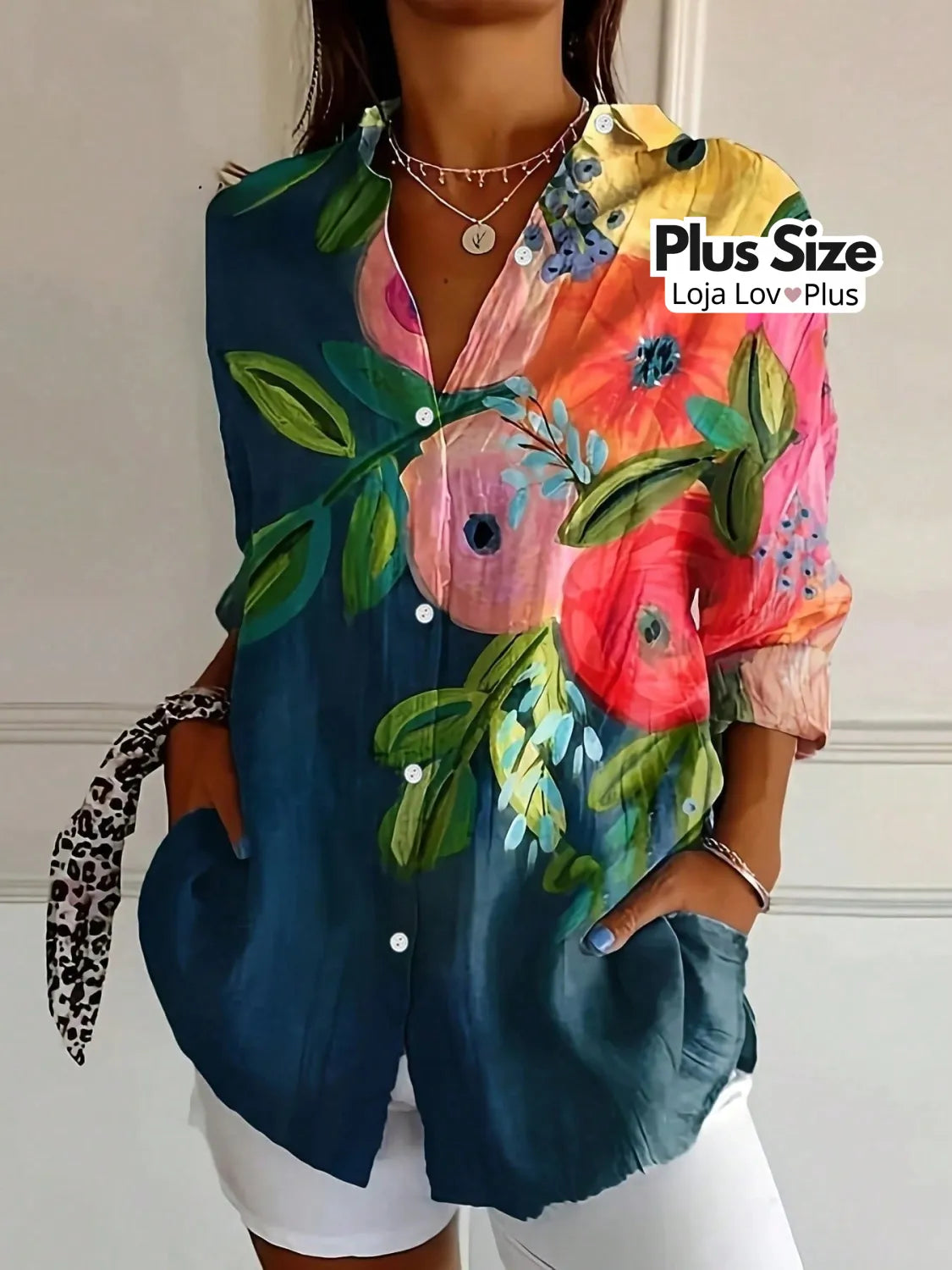 Camisa Plus Size Estilosa Floral G / Azul Blusas Plus Size
